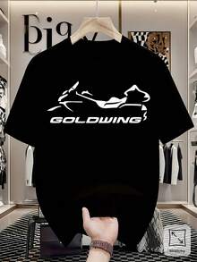 Camiseta Goldwing para Hombre / Camiseta Negra de Manga Corta con Impresión del Logotipo Goldwing y Silueta del Motociclista / Corte Regular, Estilo Casual Urbano para Entusiastas de las Motocicletas / Cuello Redondo / Tela Ligeramente Elástica / Perfecta para Adultos - Negro - Ver 1