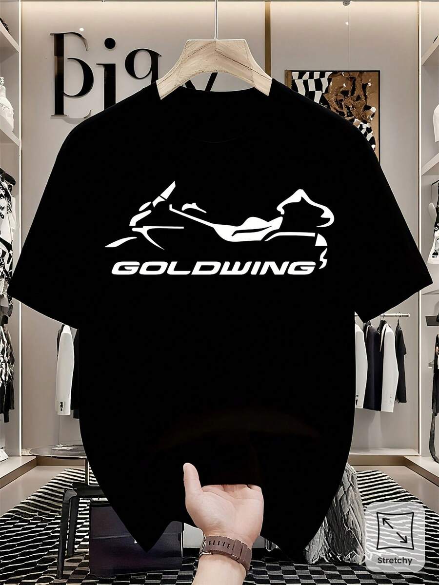 Camiseta Goldwing para Hombre / Camiseta Negra de Manga Corta con Impresión del Logotipo Goldwing y Silueta del Motociclista / Corte Regular, Estilo Casual Urbano para Entusiastas de las Motocicletas / Cuello Redondo / Tela Ligeramente Elástica / Perfecta para Adultos - Negro - Ver 1