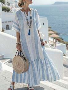 Vestido de mujer con cuello en V estampado, manga corta, tonos azules, vestido casual elegante para vacaciones/viajes, nueva moda primavera/verano 2026 - Multicolor - Ver 3