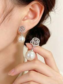 1 Đôi bông tai ngọc trai giả hình giọt nước chất lượng cao dành cho cô dâu, trang sức cưới, trang sức cho phù dâu, trang sức lễ hội. - Bạc - Xem 2