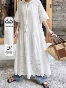 Vestido de mujer con media cartera, decoración de tirantes cruzados, bajo asimétrico, cómodo, con bordado y parches, vestido de verano para mujeres - Blanco - Ver 8