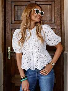 Blusa elegante con mangas abullonadas, lazo delantero y bordado, ideal para vacaciones o San Valentín - Albaricoque - Ver 8