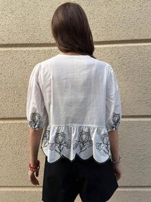 Blusa elegante con mangas abullonadas, lazo delantero y bordado, ideal para vacaciones o San Valentín - Albaricoque - Ver 2