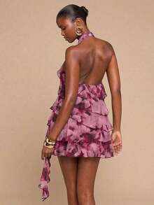 Vestido mini con cuello de halter, estampado de teñido anudado con flores rojas y volantes en el bajo, adecuado para fiestas, vacaciones, banquetes, bodas, salidas nocturnas, citas románticas, primavera/verano - verde menta - Ver 8