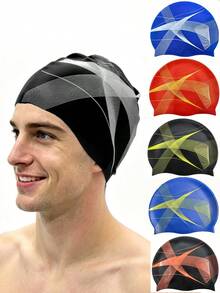 Adult Silicone Swim Cap, Soft Stretch Non-Slip, Printed Colorful Swimming Cap, High Elasticity, For Water Sports Training, Unisex – Comfortable Fit Without Headache, Suitable For Short/Long Hair, Keeps Hair Dry - Multicolor - View 3