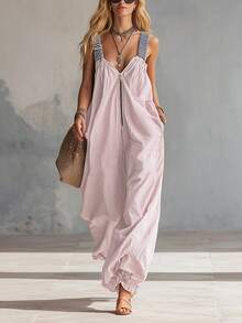 Mono de Mujer a Rayas con Tirantes, Cremallera y Puños Fruncidos para Primavera/Verano|   Diseño Casual y relajado, Ideal para Salidas Diarias y Ocasiones Sociales Ligeras, Looks Casuales Cómodos - Rosa - Ver 10