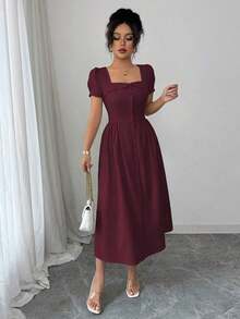 xheElenzga Vestido de manga larga de primavera/verano para mujer con cuello vuelto elegante trapezoidal, botones en la cintura, falda en línea A con pliegues y bajo con aberturaxhe - Granada - Ver 4
