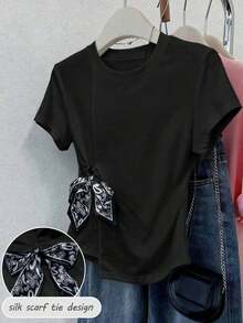 Camiseta de manga corta de mujer con cuello redondo y decoración de lazo, versátil para uso diario casual - Negro - Ver 3