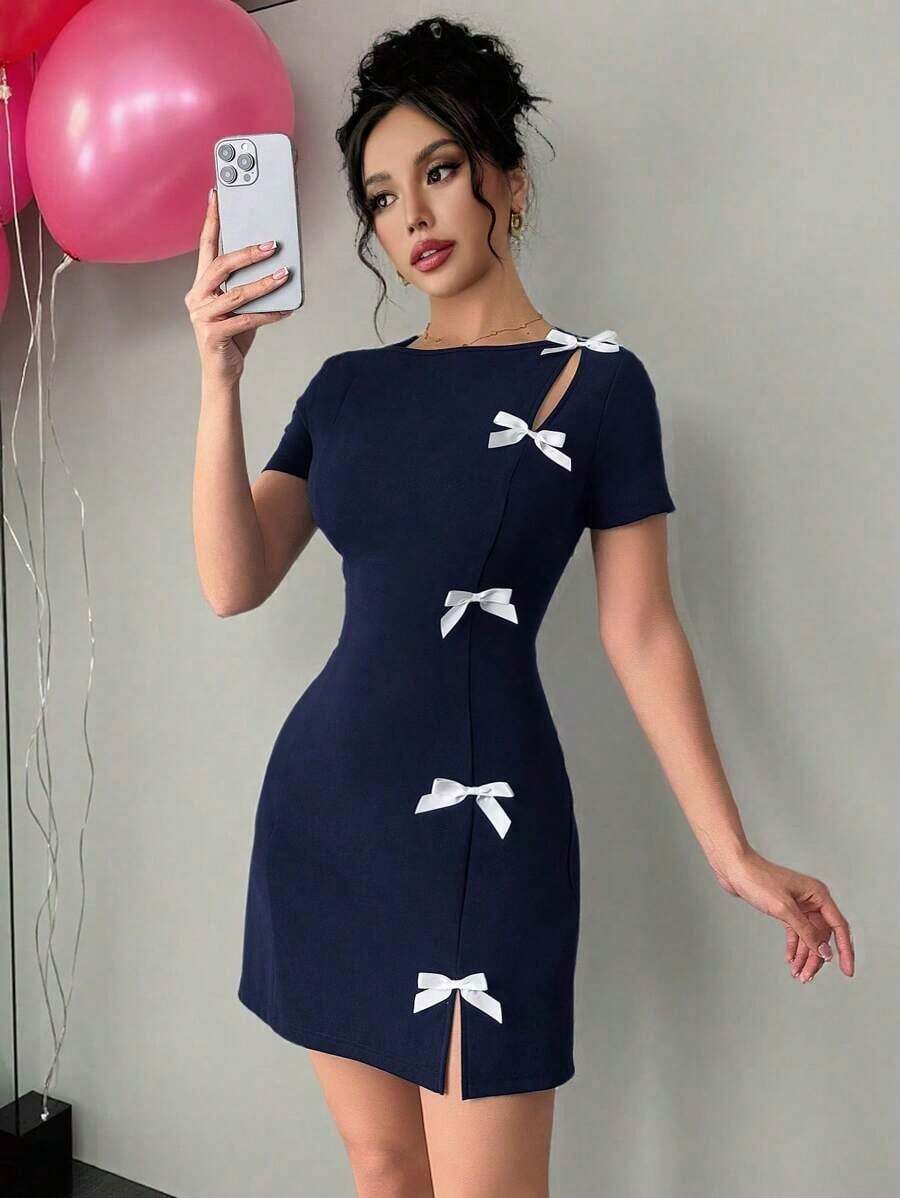Vestido mini ajustado con decoración de lazo, de manga corta, elegante, romántico y de estilo para oficina y fiesta para mujeres - Azul marino - Ver 1