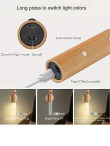 1pc Walnut Color Motion Sensor Wall Light, Smart PIR Sensor Night Light, USB Rechargeable 3-Color Magnetic Wall Lamp, Easy Installation & Portable, Wireless Design, Suitable For Hallway, Bedroom, Stairs, Cabinet, Bathroom - ABS Material - Multicolor - View 9