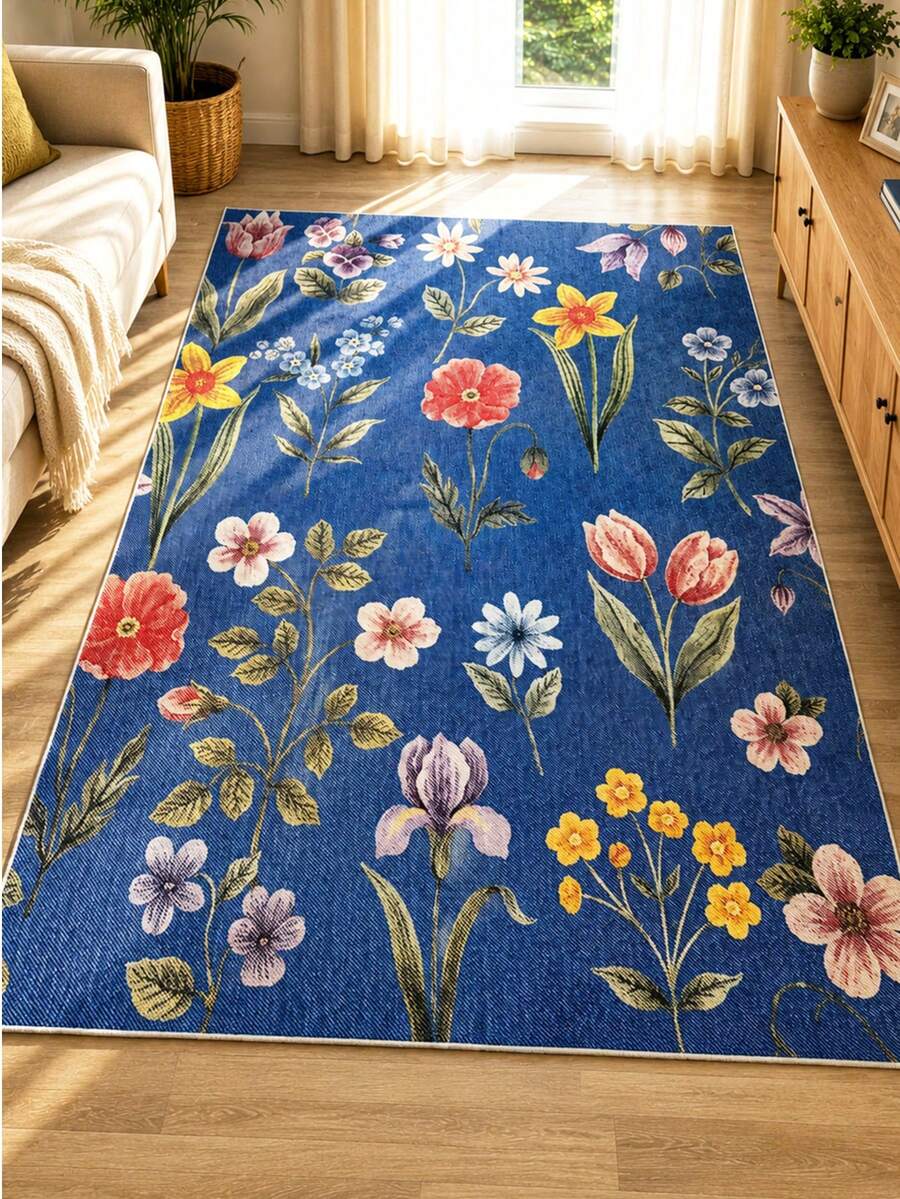 Chilai Home Flower Printed Rug, Runner Rug, Washable Floor Mat For Home Decor, Livingroom Rug, Non-Slip Kitchen Runner Rug, Made In Turkiye 80x200 Cm, 80x300 Cm,100x200 Cm, 120x180 Cm - Royal Blue - View 1