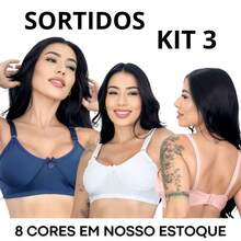 KIT 3 Sutiã Básico Sem bojo e Sem Aro Reforçado Cobertura Completa Tecido de Microfibra - Multicolorido - Visão 1