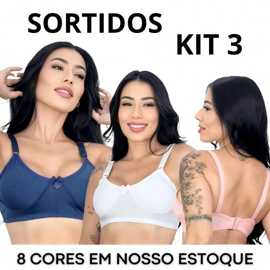 KIT 3 Sutiã Básico Sem bojo e Sem Aro Reforçado Cobertura Completa Tecido de Microfibra - Multicolorido - Visão 1