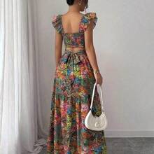 guang zhou mi qian shang mao  Vestido ajustado y acampanado con cuello de corazón, lazo y mangas farol, de estilo elegante y casual con estampado floral colorido, para primavera/verano - Multicolor - Ver 3