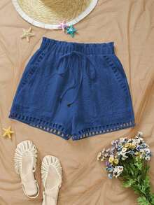 Pantalones cortos casuales sueltos con cintura de corbata a rayas para mujer - Azul lavado oscuro - Ver 3