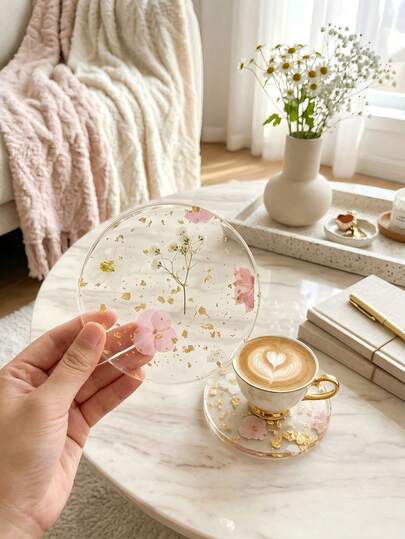 2/5pcs Transparent Acrylic Dried Flower & Gold Foil Round Coasters, Heat-Resistant, Waterproof, Non-Slip For Tea Cup, Coffee Mug, Wine Glass, Farmhouse Style Decor For Home, Kitchen, Office, Bar, Ideal Housewarming, Wedding Party Gift