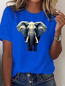 Blue T-Shirt With Elephant And Starry Sky Design - Casual Short-Sleeved Round Neck T-Shirt, Geometric Print, Elephant Design, Comfortable And Stylish For All Seasons, Machine Washable, Casual Blouse For Women. - 藍色 - 查看 1