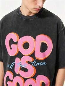 1 X 230g Pure Cotton Washed T-Shirt, Men's Casual Fashion, With 'GOD IS GOOD All The Time' Print, Outdoor Sports T-Shirt. | Loose Fit | Soft Knit T-Shirt | Loose Fit | Casual Holiday Wear 180g 100% Cotton - 黑色 - 查看 4