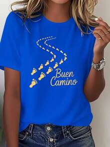 Cómoda camiseta de mujer de color sólido con un patrón de la huella de un peregrino de Buen Camino. - Azul - Ver 1