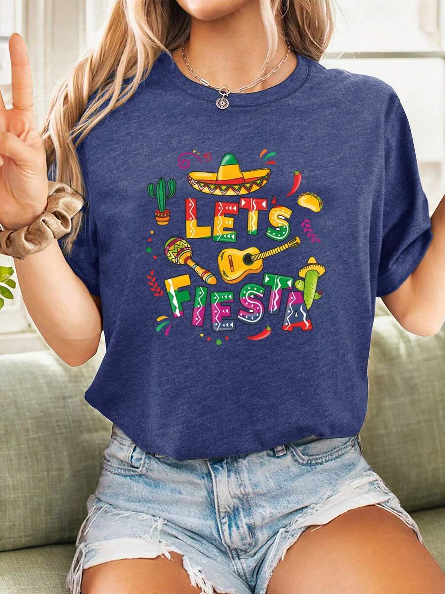 Women's Short-Sleeved Crew Neck T-Shirt, European And American Style, Lightweight And Breathable, With A Vibrant Design Inspired By Mexican Festivals. The Relaxed Fit Makes It Easy To Enjoy Outdoor Activities In Summer And Festive Occasions, And It's Suitable For Various Casual Urban-Style Outfits. Korean Style, Loose Short Sleeves. - 藏青色 - 查看 1