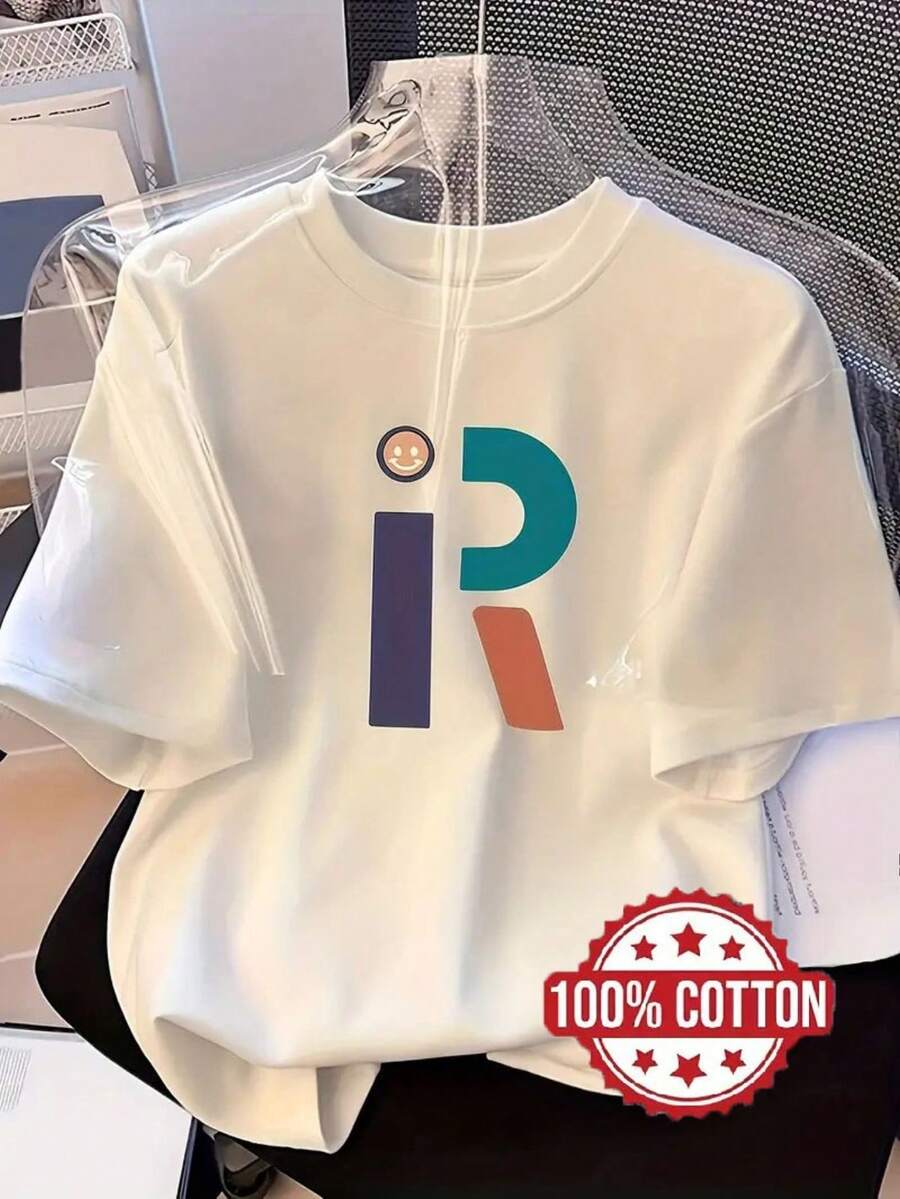 Men's Summer 2026 T-Shirt, Women's T-Shirt, Modern Style With Short Sleeve Letter Print R, Fashion Printed T-Shirt, Round Neck, Short Sleeve, Loose Fit With Dropped Shoulders, Sweat-Absorbent And Breathable, Comfortable Casual Home Wear ME43 - 白色 - 查看 1
