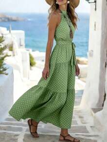 xheBreezaya Vestido largo con estampado de lunares, volantes en el bajo y cinturón para mujerxhe - Verde - Ver 7