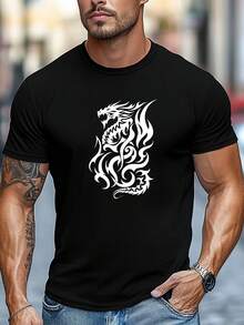 Camiseta de talla grande para hombre, relajada y casual, camiseta de verano casual de manga corta y cuello redondo con estampado de dragón de llamas blanco, TALLA GRANDE - [Blanco] - Ver 6