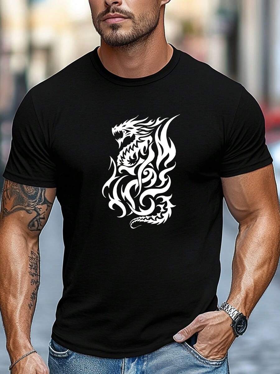 Men's Plus Size T-Shirt, Relaxed And Casual, Summer Casual Short Sleeve Crew Neck T-Shirt With White Flame Dragon Print, PLUS SIZE - 黑色 - 查看 1