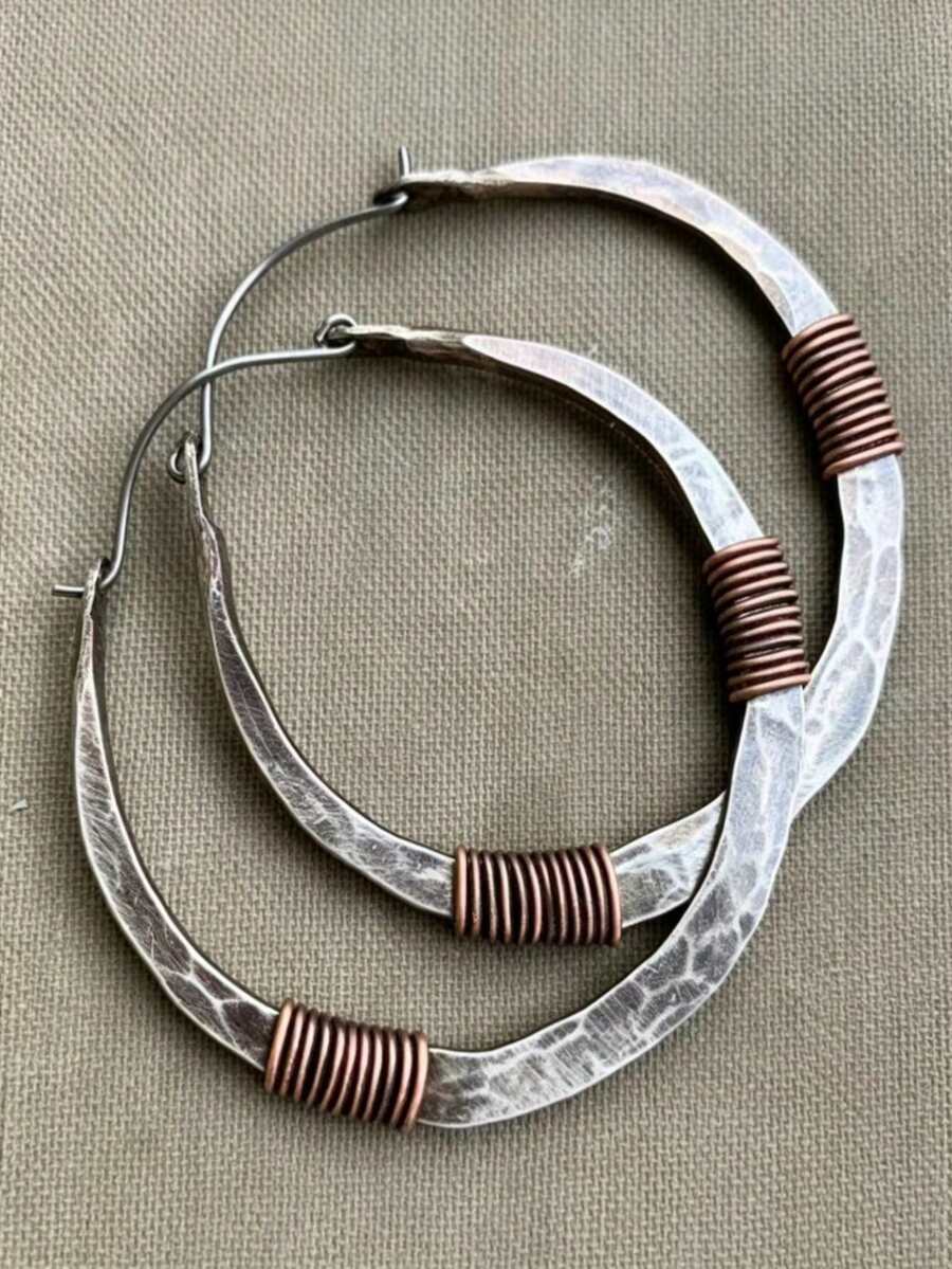 Khuyên tai vòng kiểu Bohemian phối hợp kim loại, làm thủ công bằng dây quấn, trang sức nổi bật cho lễ hội âm nhạc, thích hợp đeo hàng ngày và dự tiệc cho nữ. - Nhiều màu - Xem 1