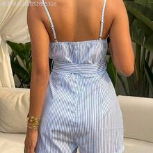 Yunuo Menswear  Mono de tirantes finos sexy y elegante con rayas azules, nudo hueco y lazo en la cintura, adecuado para verano, playa y vacaciones - Azul - Ver 3