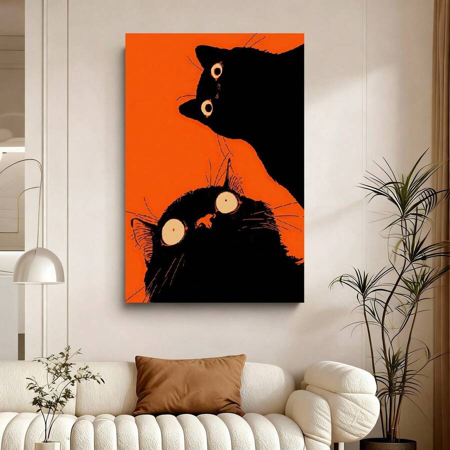 Framed Flat Black Cat Cartoon Canvas Painting on Orange Background, Art Decoration Print, Suitable for Living Room, Bedroom, Cafe, High-End Artwork, Graduation Gift, Wall Decor - Enmarcado - Ver 1