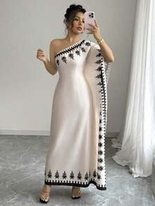 Vestido largo con estampado floral y cuello asimétrico elegante para mujeres - Albaricoque - Ver 8