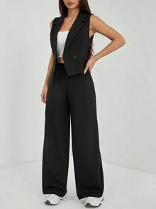 PETITE Conjunto de 2 piezas de ropa de otoño, top sin mangas y pantalón de unicolor - Negro - Ver 6