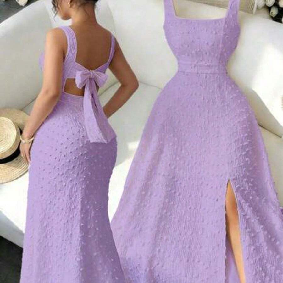 YijiaNvz Nuevo vestido de punto texturizado sin mangas con cuello cuadrado, diseño de lazo en la espalda abierta, elegante vestido ajustado para fiesta - Púrpura malva - Ver 1