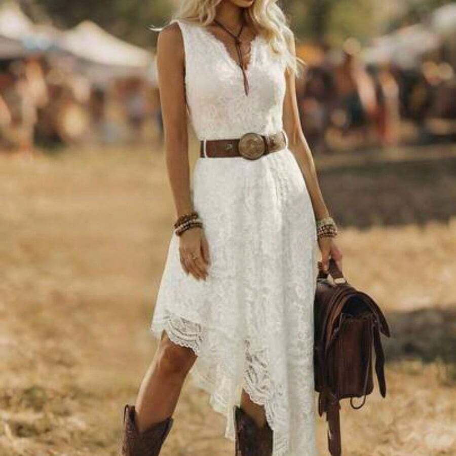 YijiaNvz Vestido midi elegante y ajustado con encaje, estilo bohemio de vacaciones y festival occidental para mujeres - Blanco - Ver 1