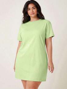 BASICS Vestido De Camiseta Sólida De Manga Corta Para Tallas Grandes - Verde - Ver 6