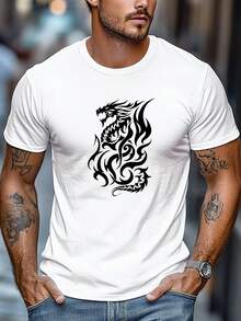 Camiseta de talla grande para hombre, relajada y casual, camiseta de verano casual de manga corta y cuello redondo con estampado de dragón de llamas blanco, TALLA GRANDE - [Blanco] - Ver 1