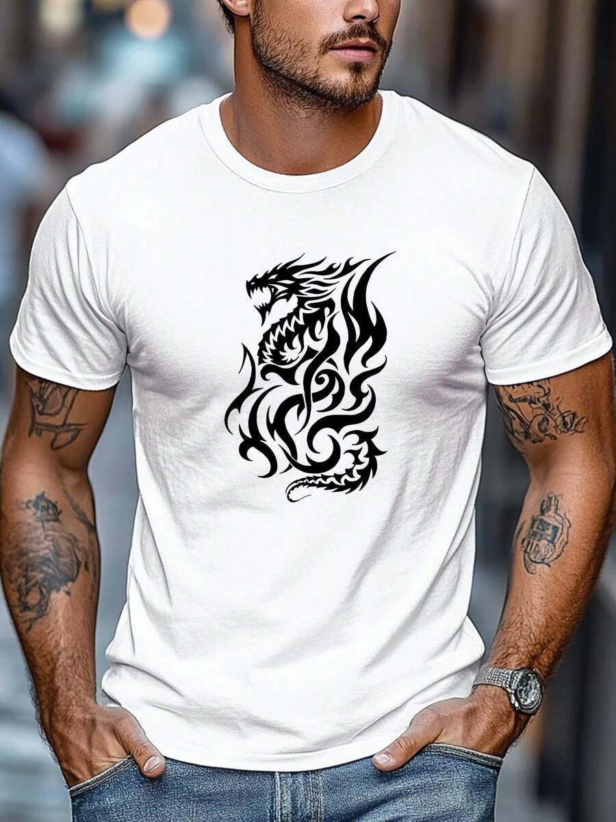 Camiseta de talla grande para hombre, relajada y casual, camiseta de verano casual de manga corta y cuello redondo con estampado de dragón de llamas blanco, TALLA GRANDE - [Blanco] - Ver 1