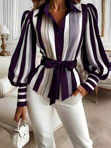 Camisa casual de primavera para mujer con botones delanteros, lazo en la cintura y rayas de contraste en negro - Púrpura malva - Ver 3