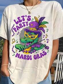 Camiseta divertida, camisetas oversize, camisetas de algodón para mujer, camiseta informal con estampado gráfico de cocodrilo y violín para mujer, estilo Let's Party Mardi Gras, camiseta vintage oversize de manga corta con cuello redondo, top de moda Y2K para festivales y ropa urbana, ligera y transpirable para uso diario, perfecta para el desfile del Carnaval de Nueva Orleans, la celebración del Martes Grueso, festivales de música, conciertos, vacaciones de verano, salidas a la playa, fiestas de carnaval, regalo para los amantes del Mardi Gras y la cultura de la Luisiana. Camisetas divertidas, camisetas con estampado minimalista, camisetas oversize, nuevos productos de la temporada, camiseta conmemorativa. LEJD - Blanco - Ver 8