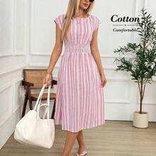 YijiaNvz  Vestido casual de mujer de longitud media con cintura ceñida y rayas, para verano - Rosa Pálido - Ver 6