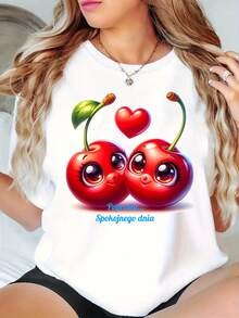 Solo un día de paz, Amor de cereza, Edición especial de San Valentín, Corazón, Regalo, Edición especial, Nueva camiseta de mujer de cuello redondo casual deportiva cómoda para las cuatro estaciones - [Blanco] - Ver 11