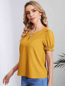 Blusa con cuello de ojal y manga abullonada, blusas de manga corta - Mostaza Amarilla - Ver 5