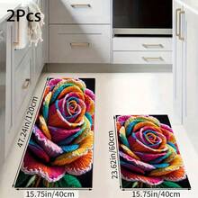 1 pieza Alfombra impresa con patrón floral colorido 2D, Serie de felpudos largos, Adecuado para sala de estar, lavandería, baño, dormitorio, cocina - Multicolor - Ver 14
