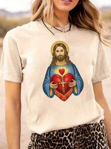 Soft Catholic Religious T-Shirt For Women - Sacred Heart Of Jesus With Golden Halo And Cross Symbol - Short Sleeve Round Neck Casual (Gray, White, Dark Red) - Faith Clothing For Church, Prayer, Casual Wear - 杏 - 查看 7