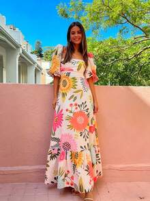 2026 Spring New Women's Clothing-Border European And American Dress Casual Off-Shoulder Sleeve Printed Long Dress - 28335-桔紅色 - 查看 8