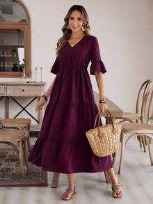 Vestido de mujer de unicolor con mangas con volantes, estilo casual para vacaciones - Morado - Ver 4