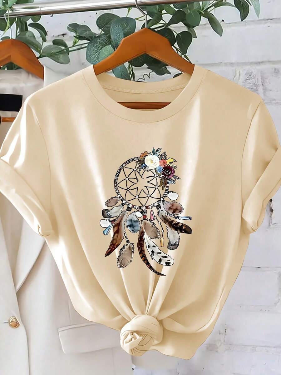 Nueva Colección 2026: Camiseta de Algodón para Mujer, Estilo Bohemio con Estampado Floral y Atrapasueños, Cuello Redondo, Manga Corta, Estilo , Top Holgado Versátil para Primavera-Verano 2026, para Viajes y Trabajo, Ropa Elegante de Vintage para Mujer, Tallas S-XXL, Conjuntos de Verano para Mujer. - Albaricoque - Ver 1