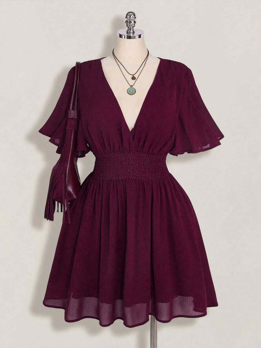 ICON Vestido de línea A con cuello en V y volantes en el bajo, adecuado para playa, vacaciones, estilo bohemio, hippie, Y2K, verano, Día de San Valentín, vestido elegante para citas - Morado - Ver 1