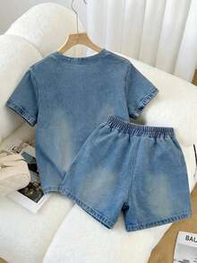 Conjunto casual diario de top de manga corta de cuello redondo de unicolor y shorts con cordón en la cintura para mujer - Niebla azul 2 - Ver 2